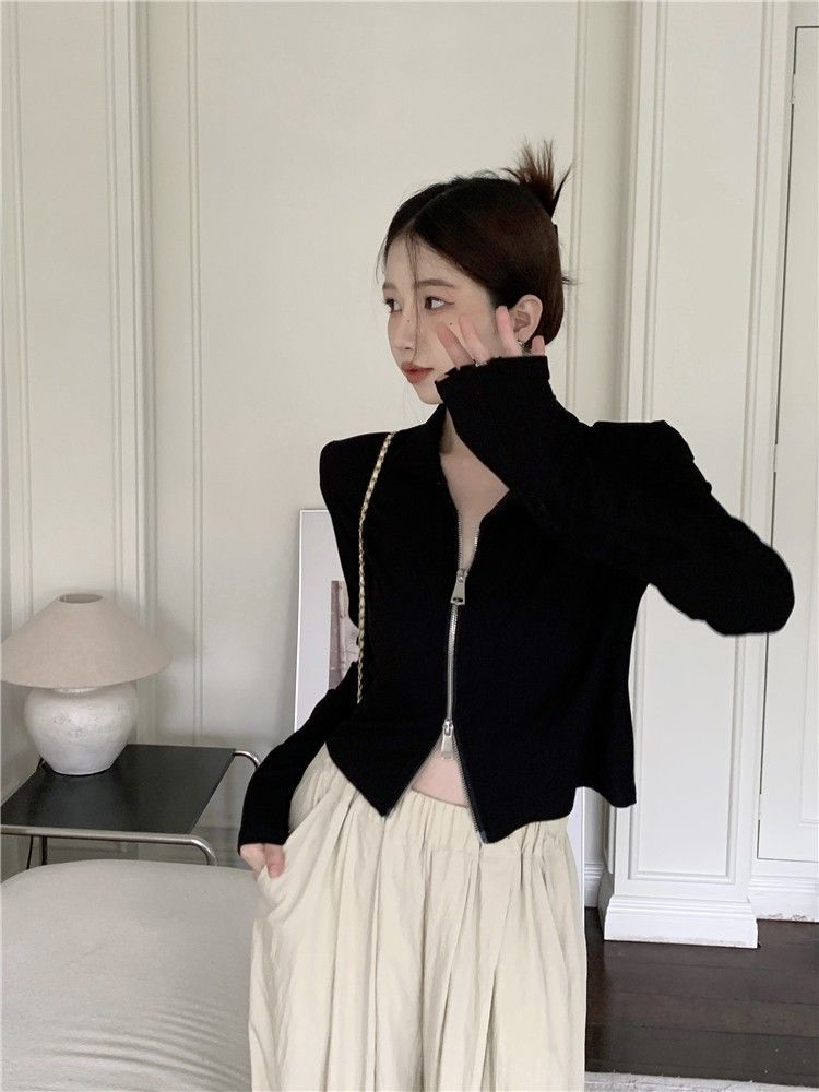 Cardigan de Malha Preto para Mulheres, Casaco de Manga Curta para Primavera e Outono, Csa Base com Zíper Longo, Top Sexy c...