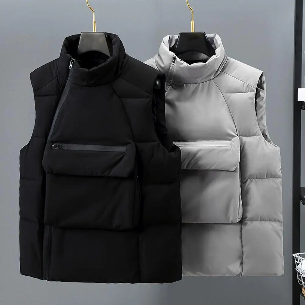 Männer Weste Herbst Jacken Daunenweste Stehkragen Ärmellos Schräger Reißverschluss Weste Mantel mit Vordertaschen Baumwollmantel