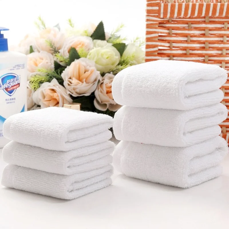 10 unids/lote, toalla facial barata blanca de buena calidad, toallas de mano pequeñas, toalla de cocina, Hotel, restaurante, toalla de algodón para jardín de infantes