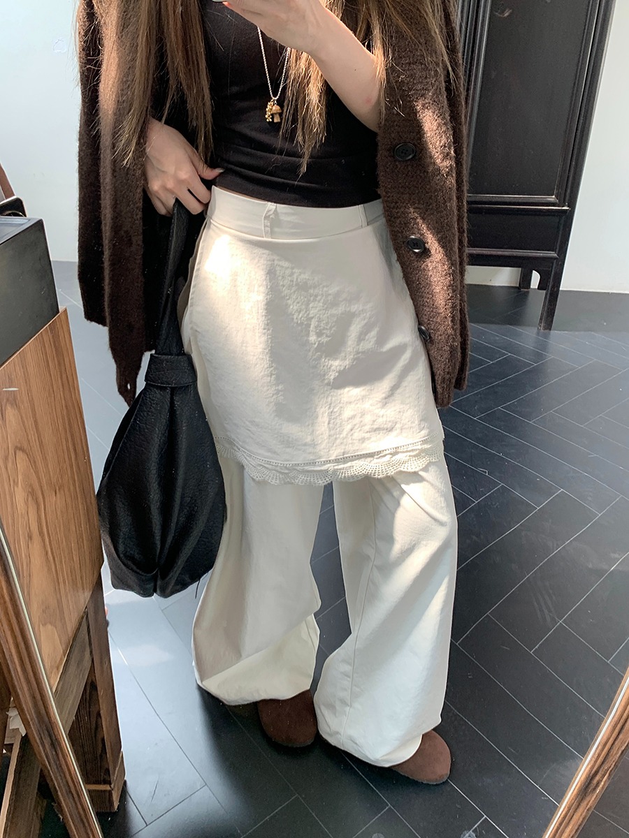 High Waist Wide Leg Straight Leg Pants Women's Spring Autumn New Sle Casual Lace Splicing Pants Loose Fit Floor Length