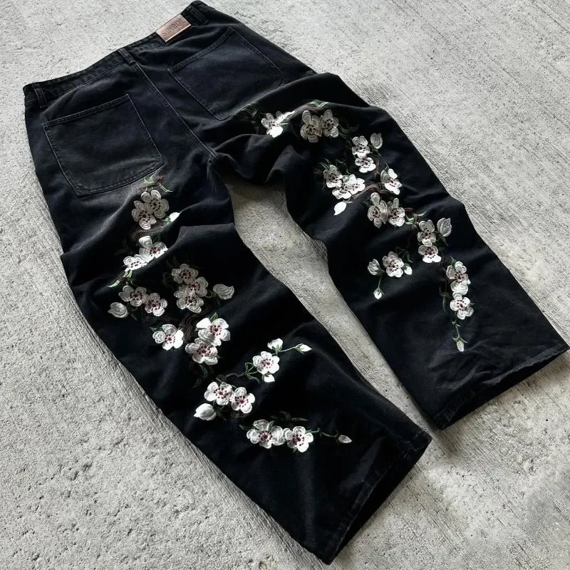Y2K Baggy Jeans Harajuku vintage kwiat wiśni Haft wysokiej jakości dżinsy streetwear Hip Hop gothic mężczyźni kobiety dżinsy z szerokimi nogawkami