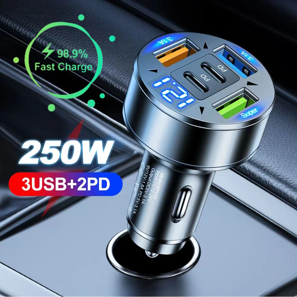 Cargador de coche de carga rápida con 5 puertos, adaptador de teléfono con voltaje para iPhone, Samsung, Huawei, Xiaomi, 250W, PD, QC3.0, USB C