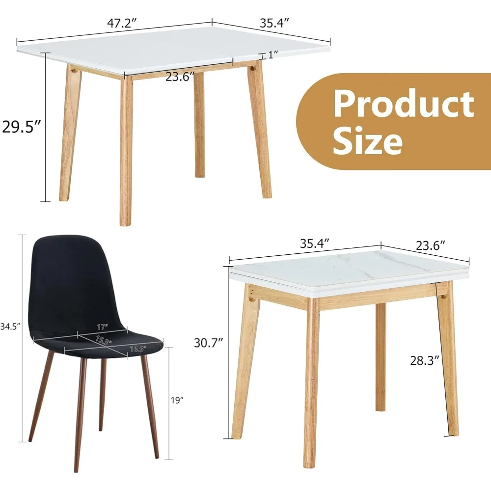 5 Piece Dining Table Set,Folding Dining Table with Chairs Set,35.4-47.2" Small Kitchen Table Set for 4,Marble Dining