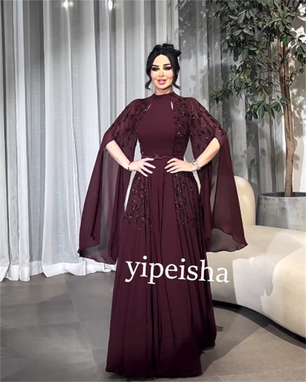 Jersey personalizado rebordear drapeado Navidad una línea de cuello alto vestido de ocasión a medida vestidos largos