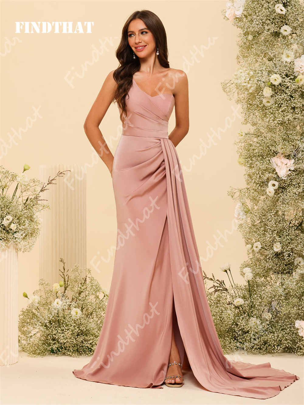 Findthat One Shoulder Bridesmaid Dresses for Women 2024 with Slit Elegant Silk Satin Side Train Zipper Back Evening Prom Gowns