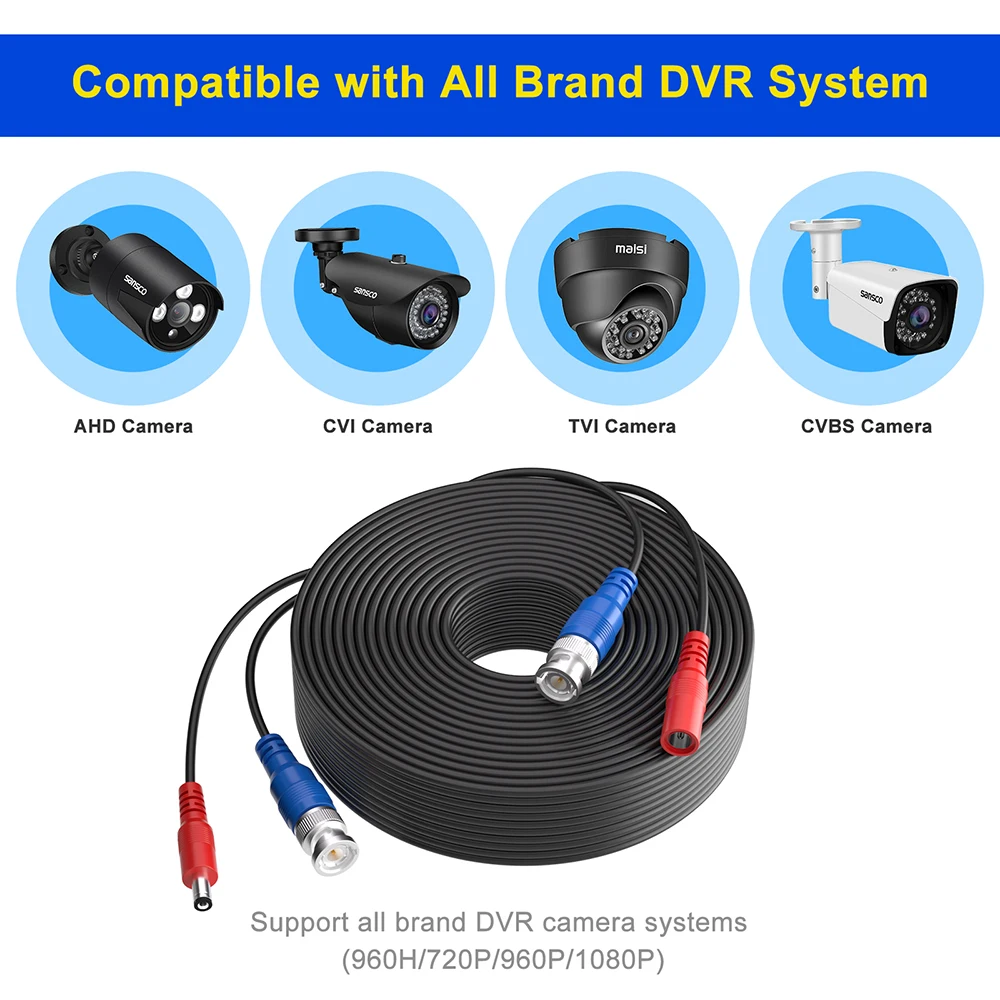 SANSCO 100ft 30M กล้องรักษาความปลอดภัยวิดีโอสายไฟ BNC RCA สําหรับกล้องวงจรปิดและ DVR ในระบบกล้องวงจรปิดการเฝ้าระวังสาย