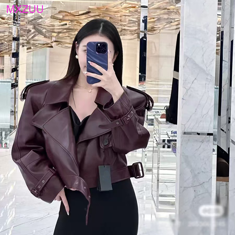 Abrigo de piel de oveja para mujer, chaqueta de cuero Real ultracorta, rompevientos, solapa grande, hombro ancho, diseñador de lujo, clásico, otoño