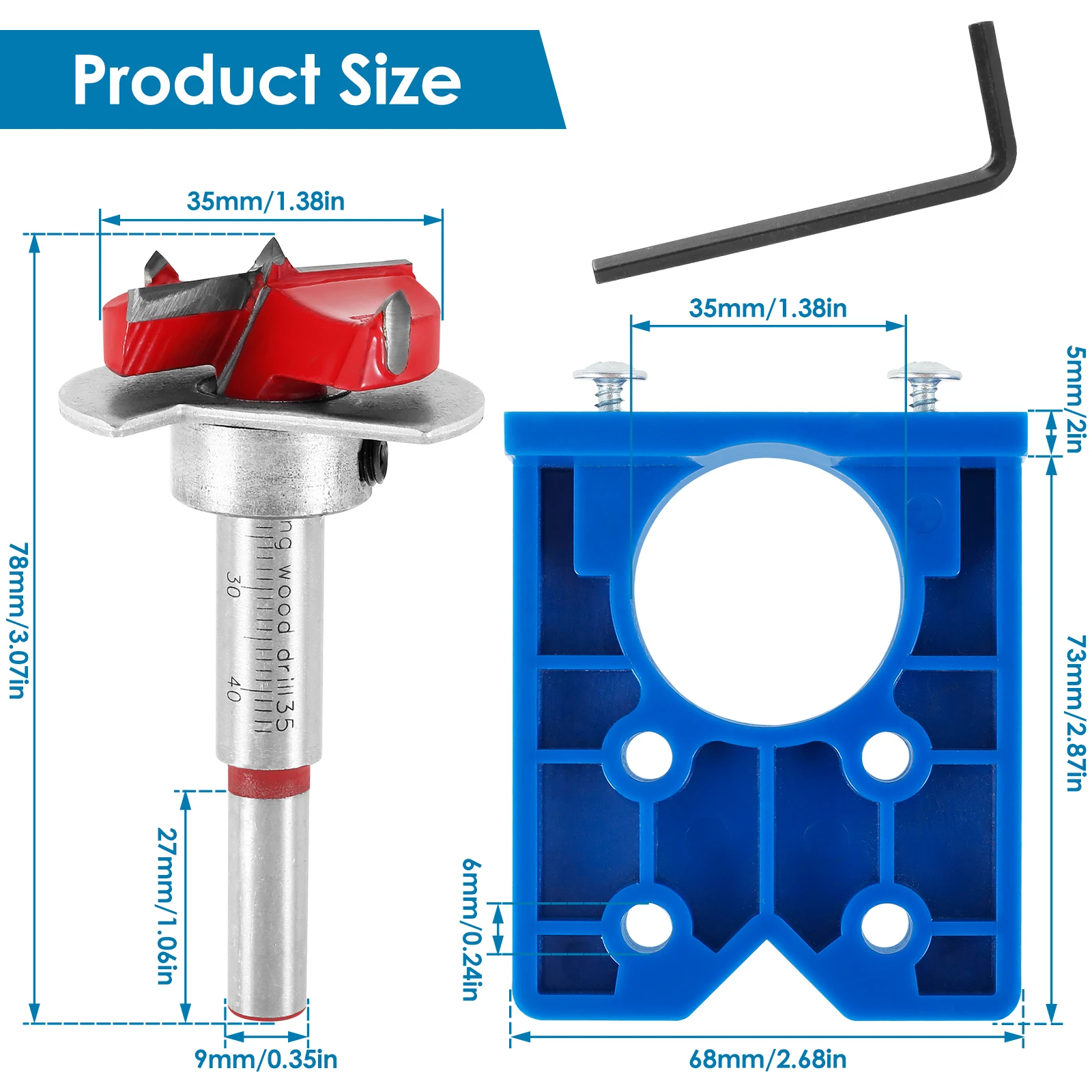 Hinge Jig High Precision 35mm Hinge Drilling Guide Woodworking Hinge Hole Punching Locator with Hex wrench and Adjustable Bit