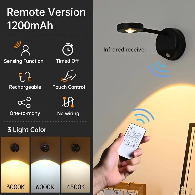 Luz de pared inalámbrica con detección humana inteligente, recargable por USB, 3 colores, foco Led regulable para iluminación de pinturas y imágenes