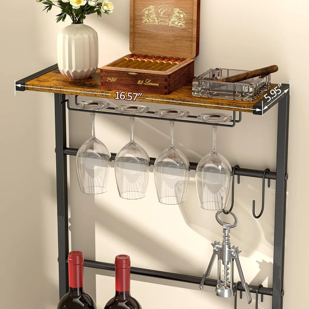 5-Tier Wine Rack Freestanding Floor, Liquor Bar Stand with Glasses Holder and 4 S Hooks, Corner Mini Bar Cabinet for Small Space