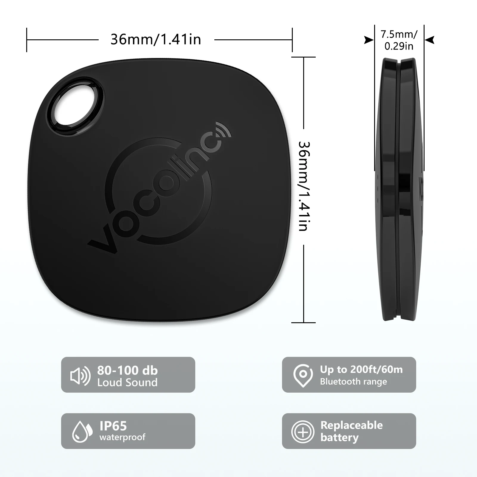 VOCOlinc อุปกรณ์ติดตามสิ่งของผ่านบลูทูธสำหรับ Find My (เฉพาะ iOS) อุปกรณ์ติดตามรถยนต์พร้อมพวงกุญแจกระเป๋าสตางค์ แท็กอัจฉริยะป้องกันการสูญหาย เครื่องระบุตำแหน่ง GPS แบบเรียลไทม์ แบตเตอรี่แบบเปลี่ยนได้ กันน้ำระดับ IP67