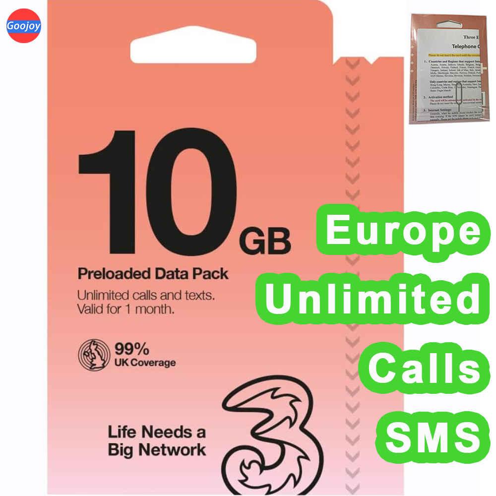 Europa 30 dni w Wielkiej Brytanii Trzy karty SIM , Dane w Wielkiej Brytanii 10/30/60 GB (dane w Europie 12 GB), Nieograniczone rozmowy i teksty , Numer telefonu w Wielkiej Brytanii , Bezpłatna roaming w Europie
