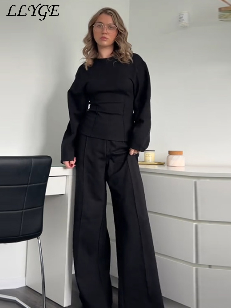 Casual sólido calças superiores conjunto feminino moda manga longa o pescoço plissado topos calças de perna larga 2024 outono férias senhora terno