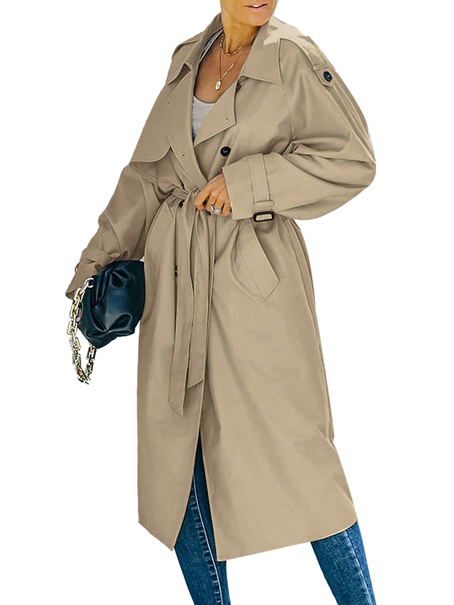 Zweireihiger langer Trenchcoat für Damen, Herbst-Frühlings-Windjacke, klassisches Revers, langärmlig, winddichter Mantel mit Gürtel