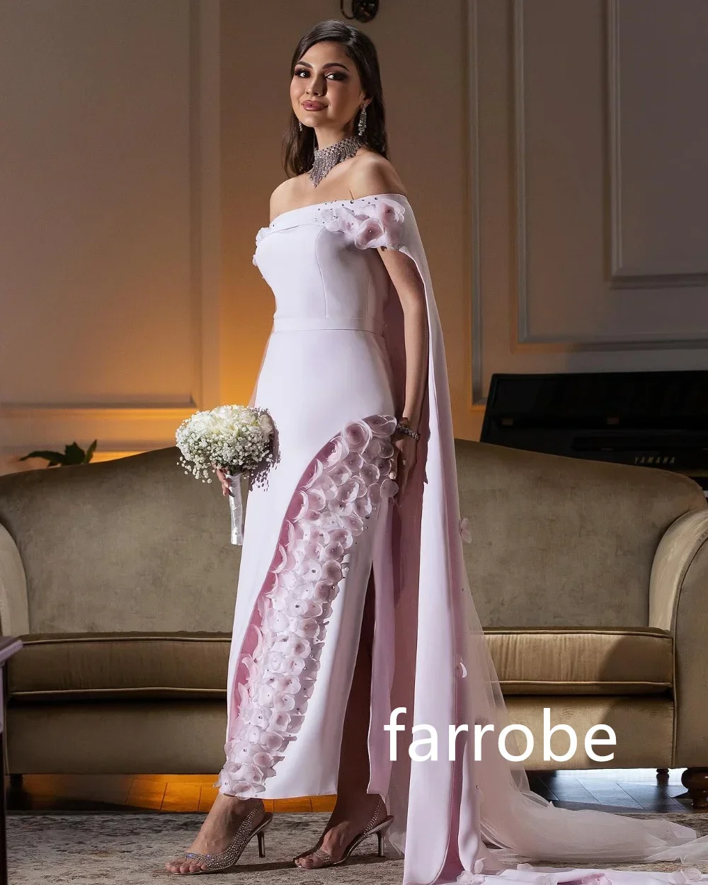 ที่กําหนดเองประณีต Jersey จีบดอกไม้ A-Line Off-the-shoulder Midi Dresses Homecoming สไตล์โมเดิร์น Pastrol Unisex สําหรับ