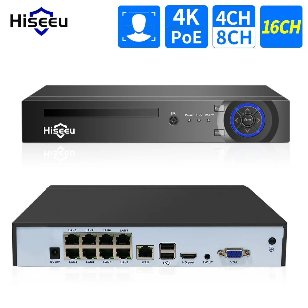 Hiseeu H.265+ 4CH 10CH 16CH POE NVR для IP-камеры видеонаблюдения Система видеонаблюдения 5MP 8MP 4K Аудио-видеорегистратор Обнаружение лиц