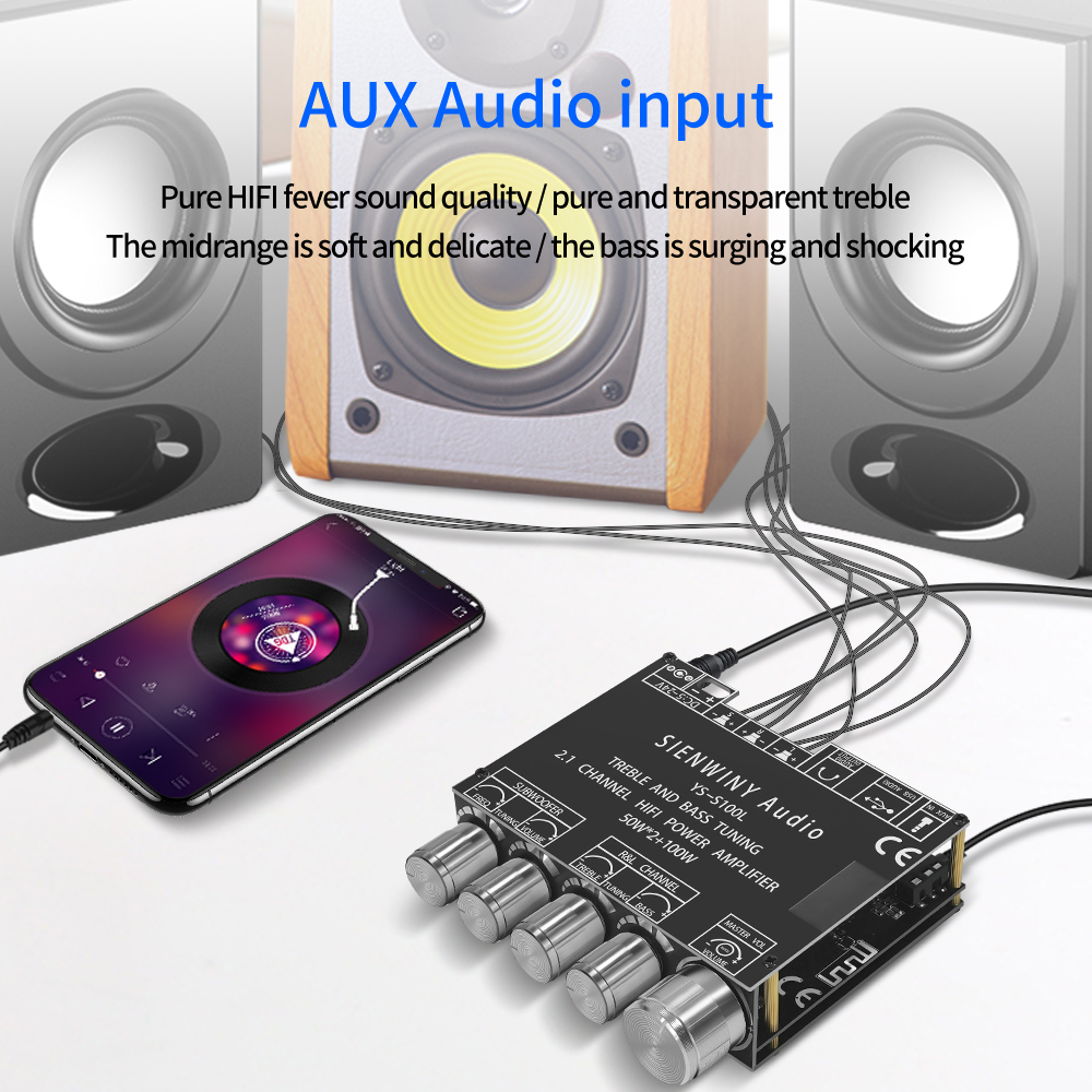 Carte amplificateur Bluetooth 5.0 YS-S100L 2.1 canaux, avec contrôle par application 50Wx2 + 100W, Module d'ampli de puissance Audio HiFi pour caisson de basses