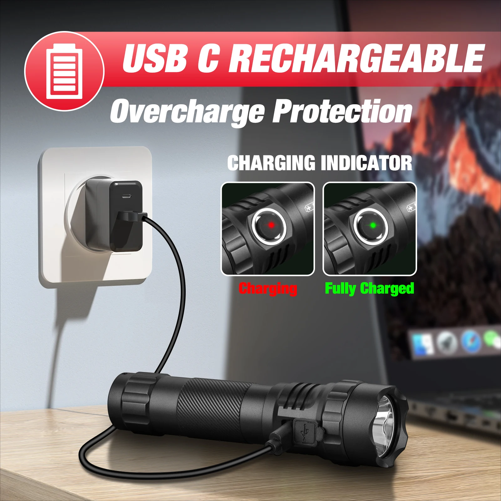 UltraFire UF3 Tactical Flashlight 3 Modes 1200LM Powerful Police Flashlight with Belt Holster 21700 USB C Rechargeable LED Lamp