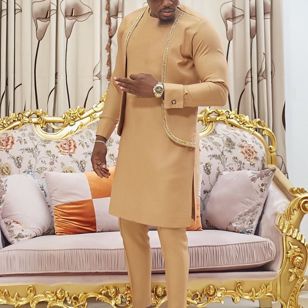 Kaftan nuevo en conjunto tradicional africano para hombre, trajes de dos piezas de manga larga con cuello redondo, elegante y a la moda, 2024
