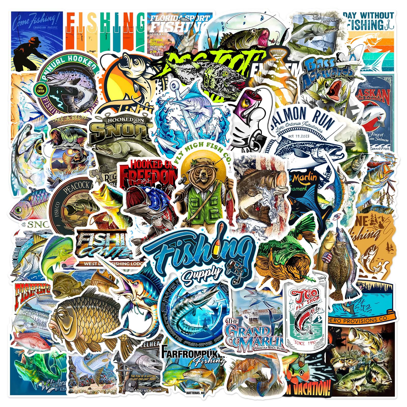 50 pçs logotipo de pesca ao ar livre adesivos decalques decoração scrapbook mala bagagem motocicletas bicicleta à prova dwaterproof água graffiti adesivo