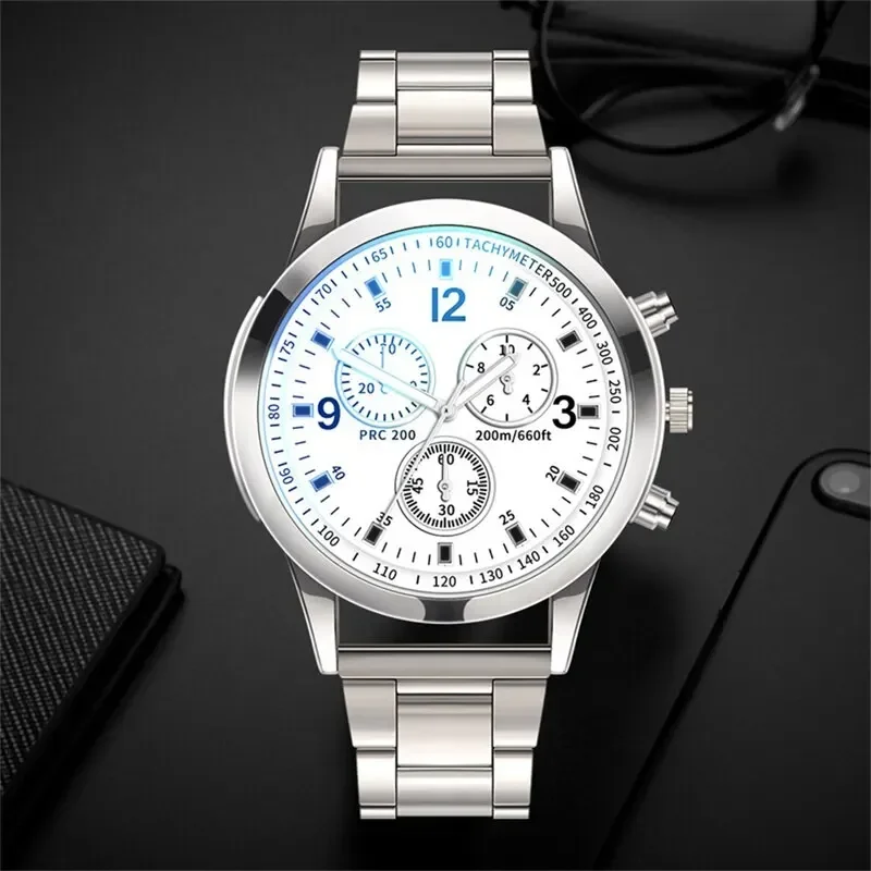 Conjunto de relojes de pulsera para hombre a la moda, reloj de cuarzo de acero inoxidable plateado deportivo de lujo para hombre, reloj de pulsera informal de negocios para hombre