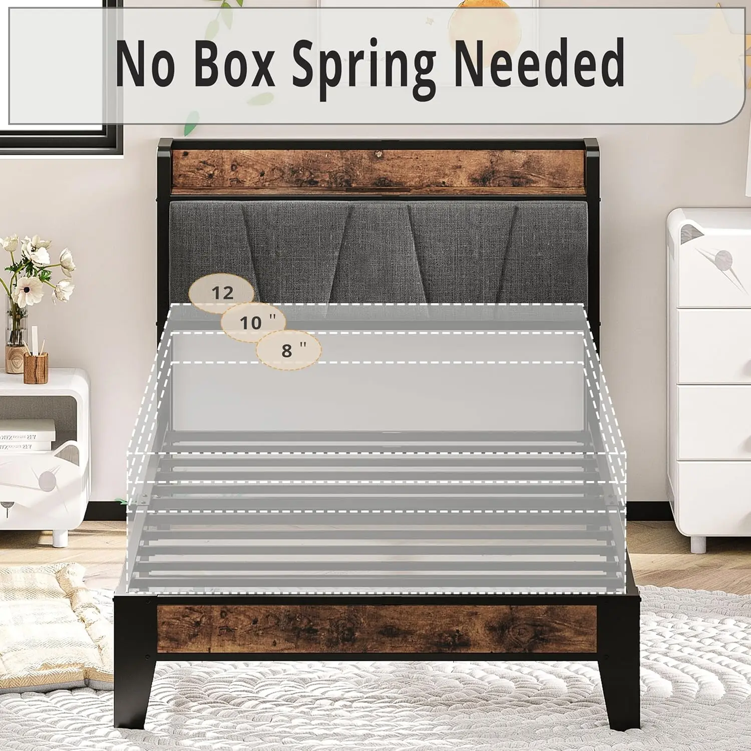 Twin Bed Frames, Storage Headboard with Charging Station, Solid and Stable, Noise Free, No Box Spring Needed, Easy
