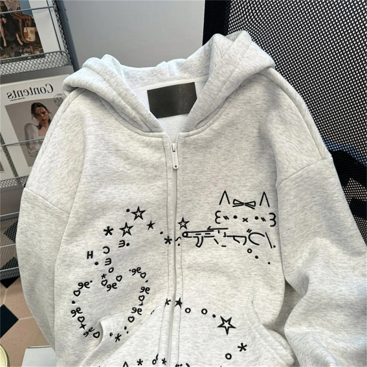 2025 casaco com capuz com estampa de gato fofo primavera e outono coleção esportiva chique com capuz casual com zíper casacos de manga comprida