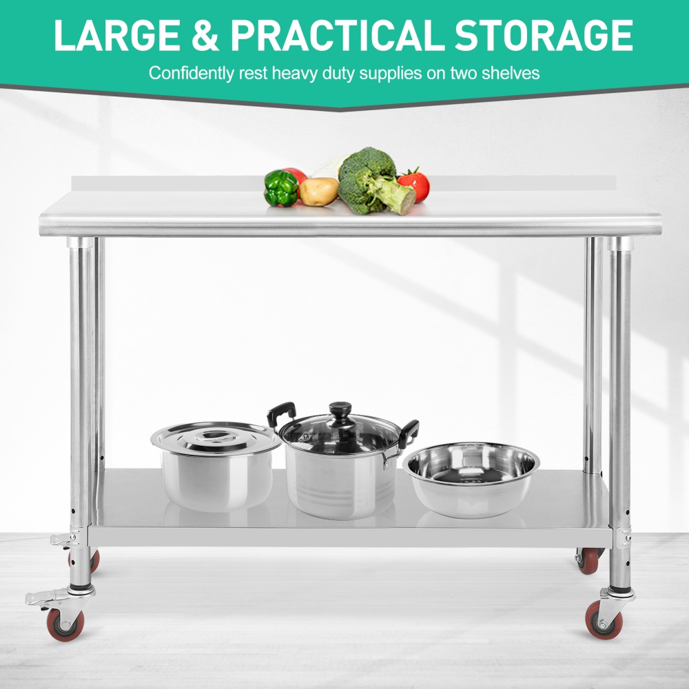 Stainless Steel Work Table 60 x 24 x 35inch Workbench for Prep & Work, with Casters and Backsplash, Adjustable Feet