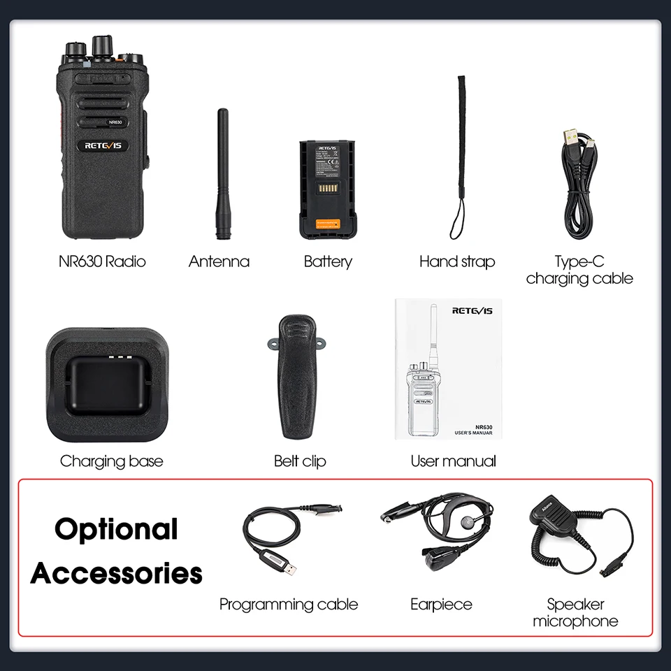 Retevis-walkie-talkie de alta potencia NR630, reducción de ruido bidireccional, IP67, resistente al agua, Radio bidireccional, cargador tipo C
