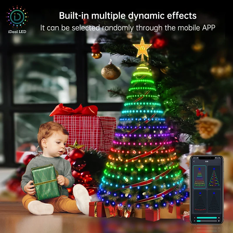 Luci intelligenti per toppers per albero di Natale con telecomando e controllo tramite app Decorazione per feste festival con corde a stella LED RGB Bluetooth