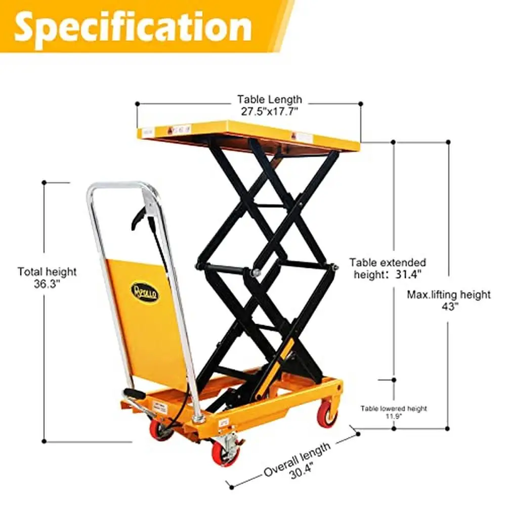 Hydraulic Double Scissor Lift Table Cart 43" Max Height 330lbs Capacity Steel Frame Support Plate Guard Finger Release Smooth