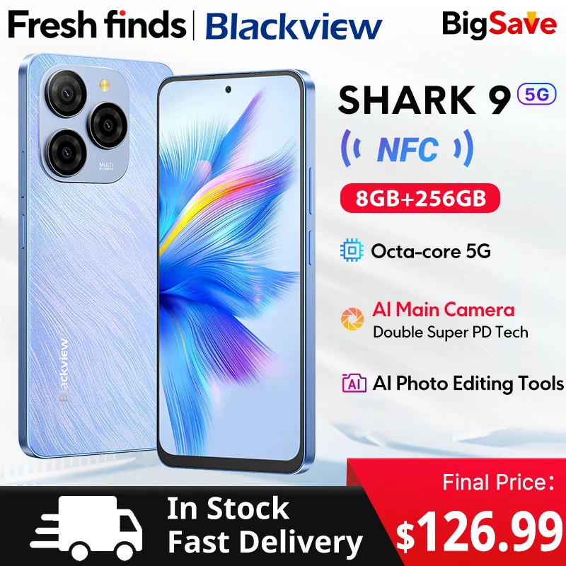 【Estreia mundial】Blackview SHARK 9 5G Smartphone 6,67 ''HD + IPS 90Hz Display 50MP Câmera principal NFC GPS Android 14 Celular