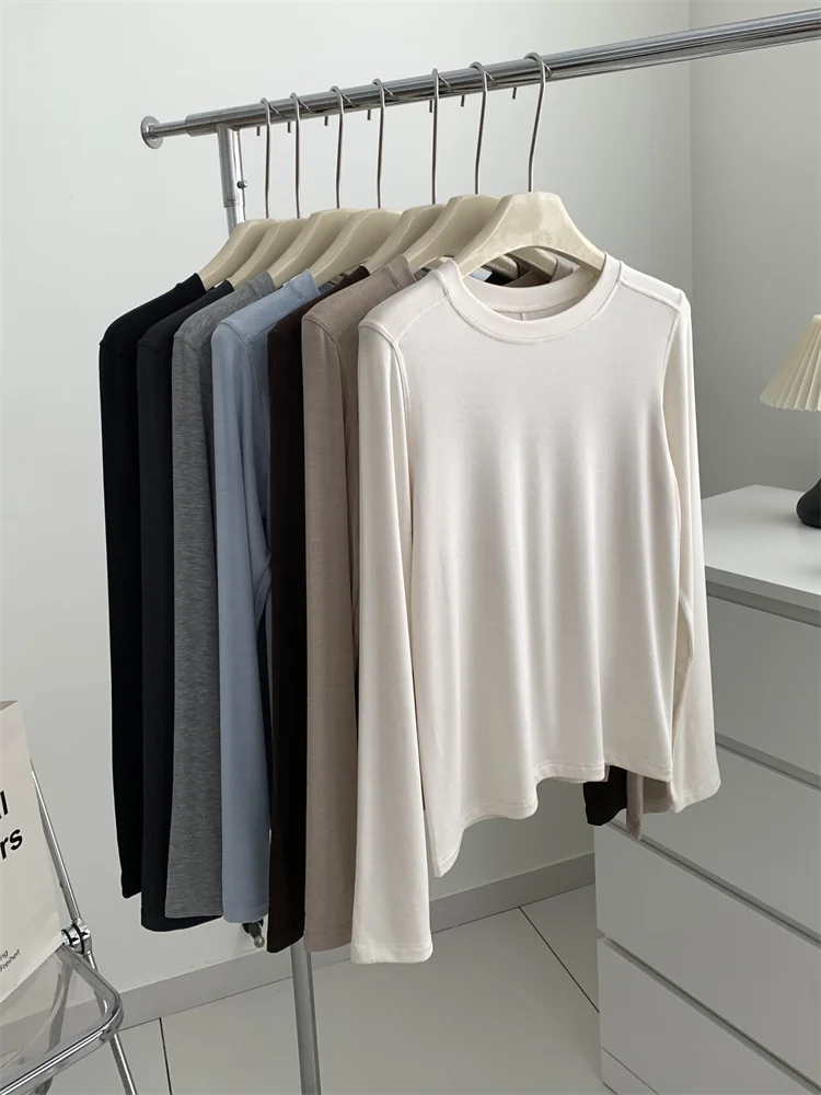 Seide Wolle Splice Langarm T-shirt Frauen Frühling Sommer Dünne Weiche Wachsartige Passform Einfarbig Backing Top