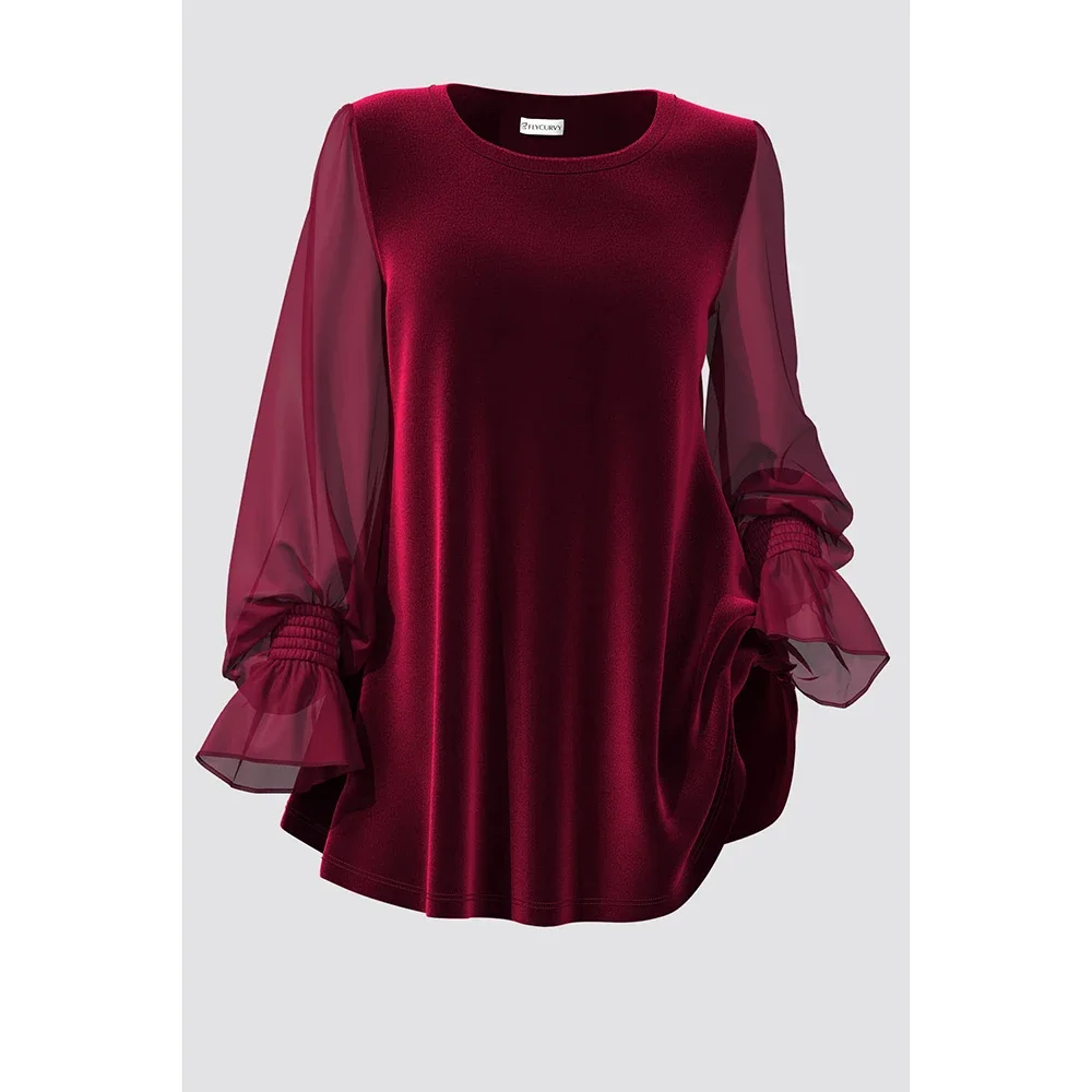 Blusa informal de talla grande de terciopelo burdeos, gasa, retazos, manga acampanada, cuello en U, puño elástico, Top de Navidad