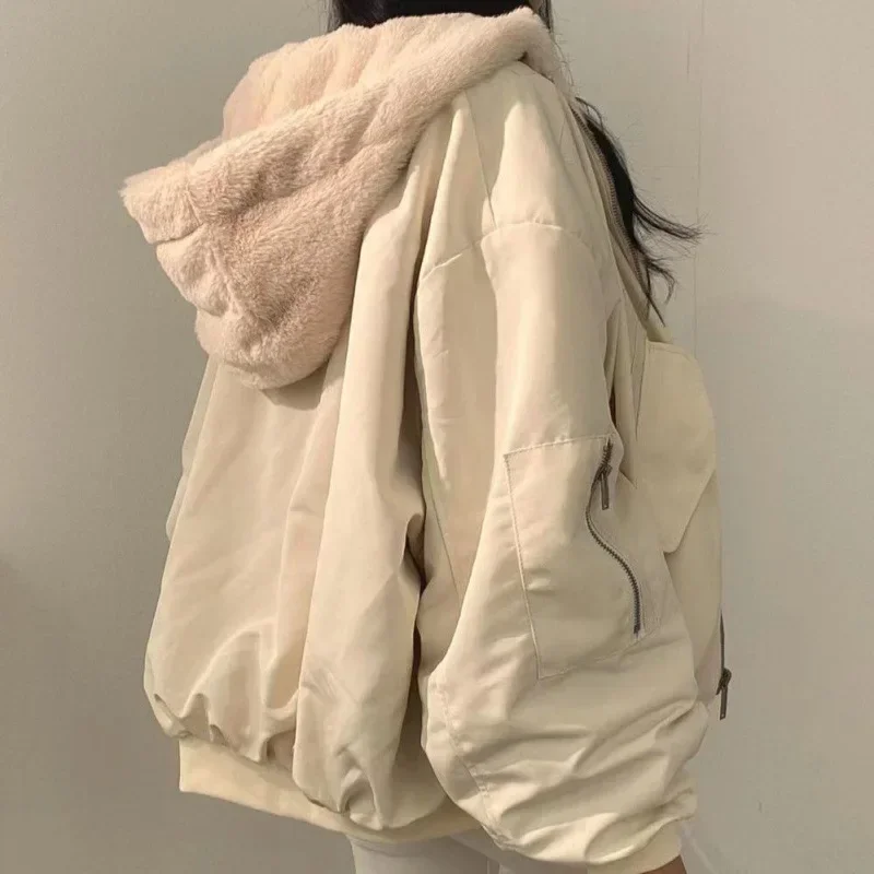 Jaqueta casual com capuz feminino, casaco de camada dupla, confortável, estilo coreano, simples, monocromática, quente, grosso, inverno, outono, 2022