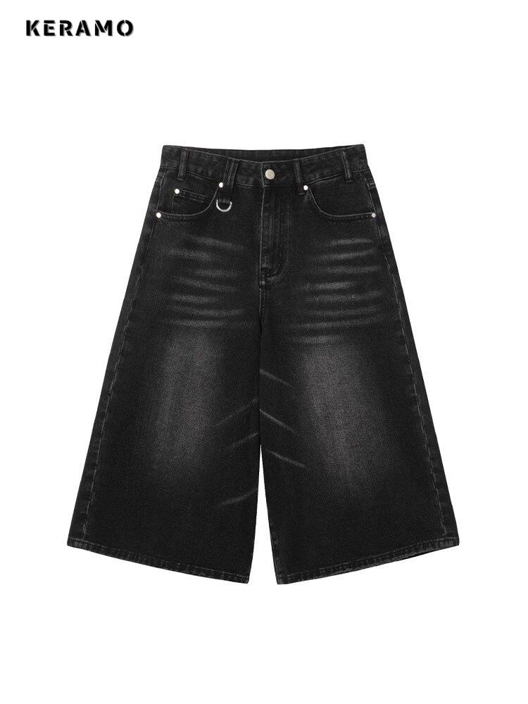 Pantalones cortos vaqueros lavados Retro negros de cintura alta Vintage Harajuku, moda informal holgada para mujer, ropa de calle Y2K, pantalones cortos de longitud media