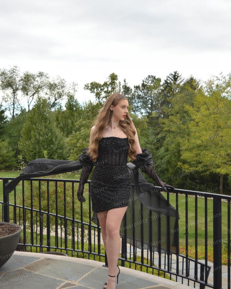Serendipidty-女性のためのストラップレスミニパーティードレス,黒のスパンコール,ビーズのスパンコール,黒のボディコン,女性の服,これまでになく美しいカクテルドレス