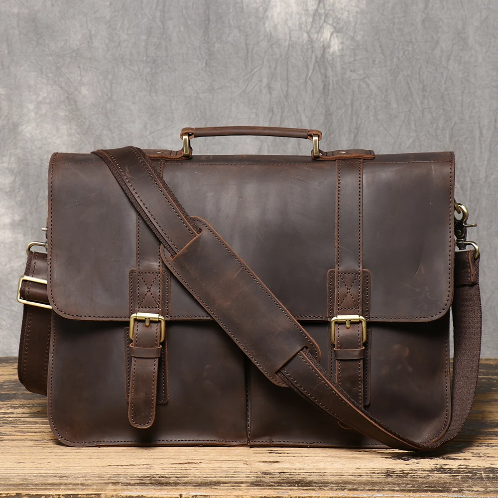 Retro Aktentasche Crazy Horse Leder Herren Rindsleder Schulter Umhängetasche Große Kapazität Echtleder Laptoptasche
