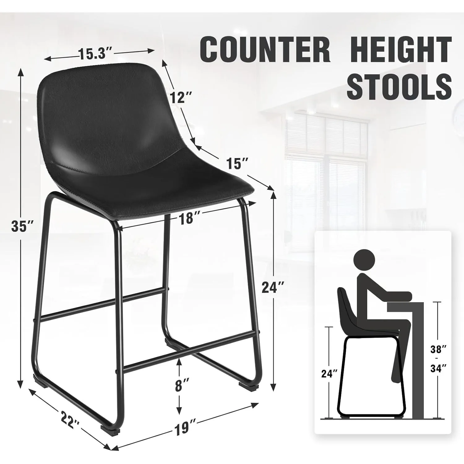 Dining Chairs Set of 2, Armless Counter Height Stools with Back Hold up to 500 lbs for Home, Kitchen, Dining Room, Black