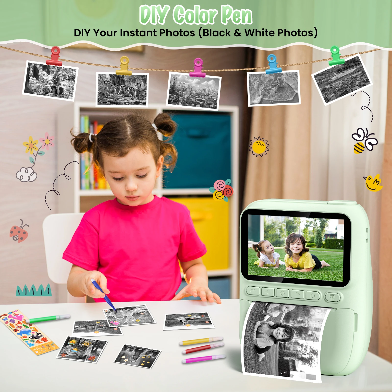 Gofunly Kids Instant Print Camera 3.0" Mini Digital Camera 1080P Portable Video Recorder Gift For 6-12 Years Children