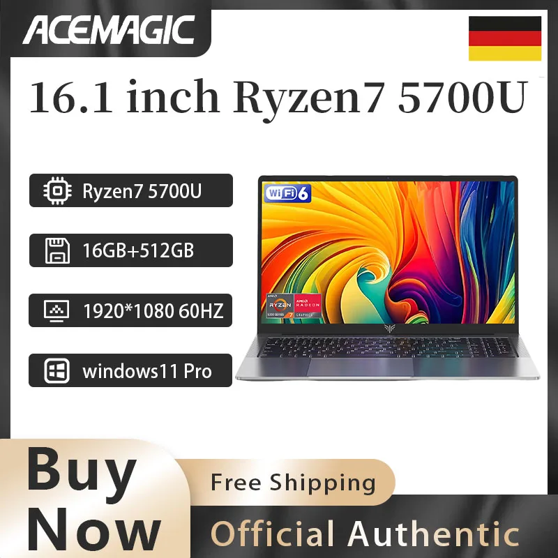 ACEMAGIC Laptop da gioco Ryzen 7 5700U da 16,1 pollici DDR4 16 GB SSD 512 GB gioco di lavoro portatile Tastiera retroilluminata da 4,3 GHz 1920 * 1080 Win11