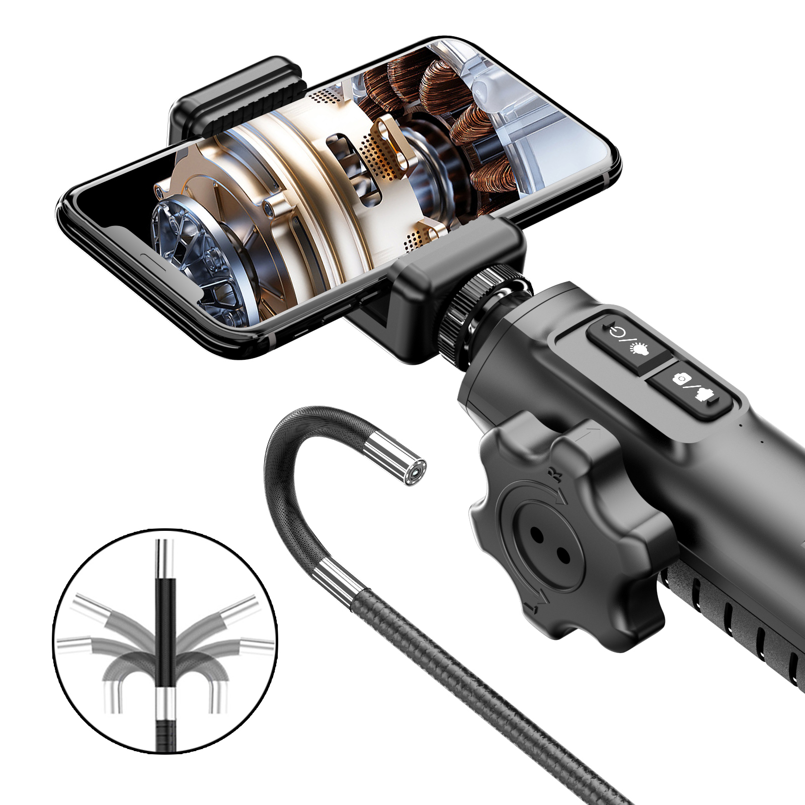 Boroscopio Articulado Bidireccional 180 ° Cámara de endoscopio de coche de rotación con cámara controlable de endoscopio de 8 LED HD 1080P para IOS Android