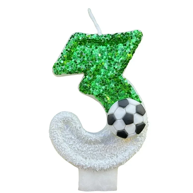 Velas de aniversário infantil de futebol, número 0-9, brilhos verdes, vela criativa de futebol para festa de menino, decoração superior de bolo
