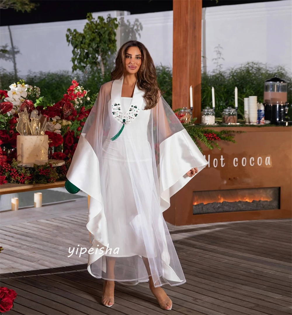 ปรับแต่งประดับด้วยลูกปัด Draped งานแต่งงาน A-Line V คอ Bespoke โอกาสชุด Midi ชุด