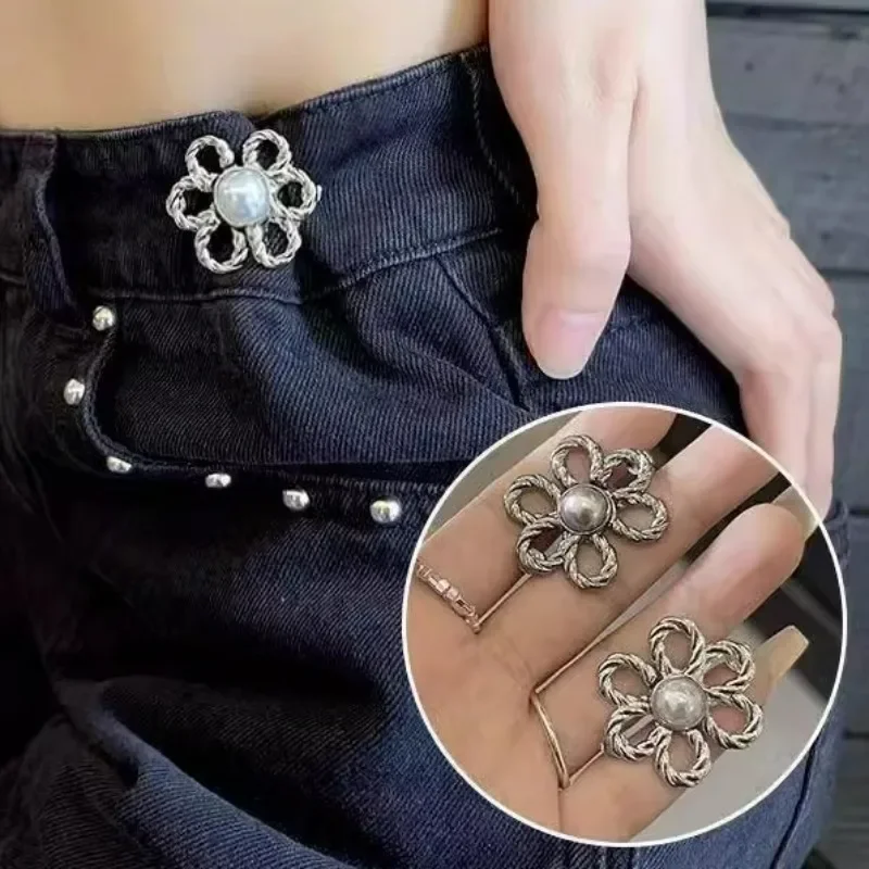 Hebilla de cintura de aleación Retro, pantalones ajustados con botones, falda, Reduce la cintura, botón a presión, tensor de cintura resistente en forma de flor