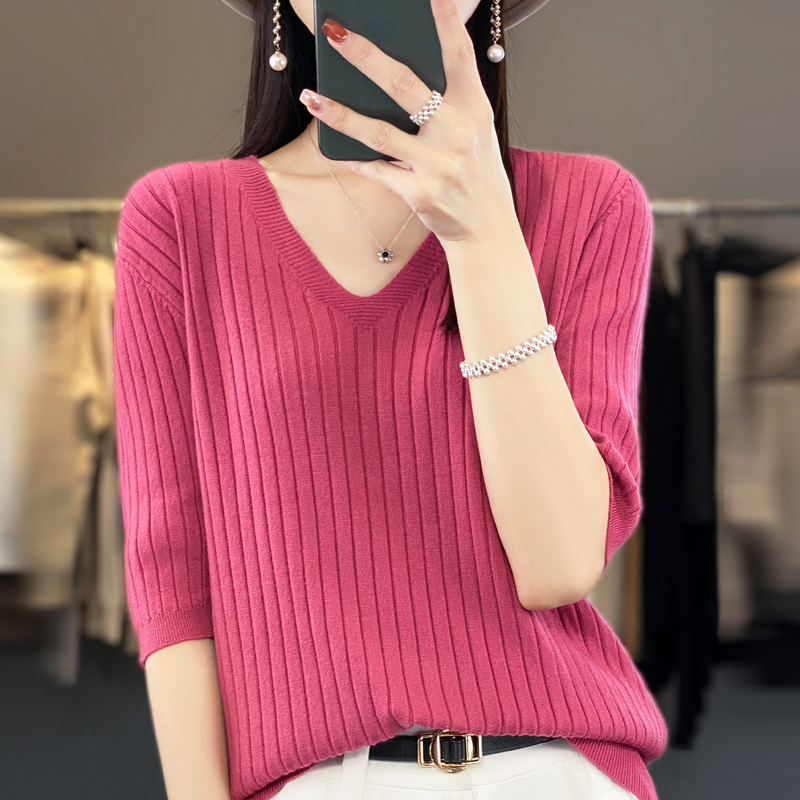 Suéter de mujer Primavera Verano manga corta Camisa de punto con cuello en V Casual jerseys coreanos camisa de fondo a rayas jerséis ajustados