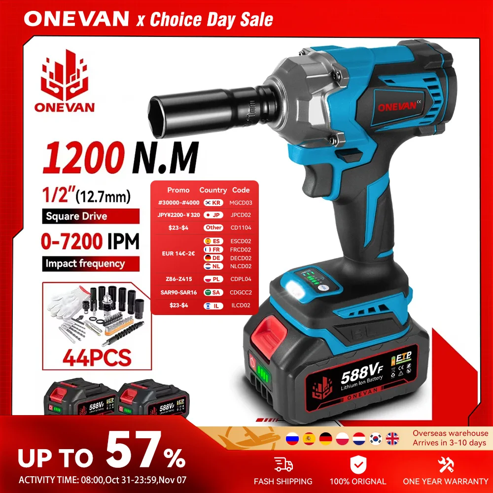ONEVAN 1200N.m Brushless ประแจผลกระทบไฟฟ้า 1/2 นิ้วไขควงไฟฟ้าไร้สายเจาะเครื่องมือสําหรับ Makita 18V แบตเตอรี่ Pin