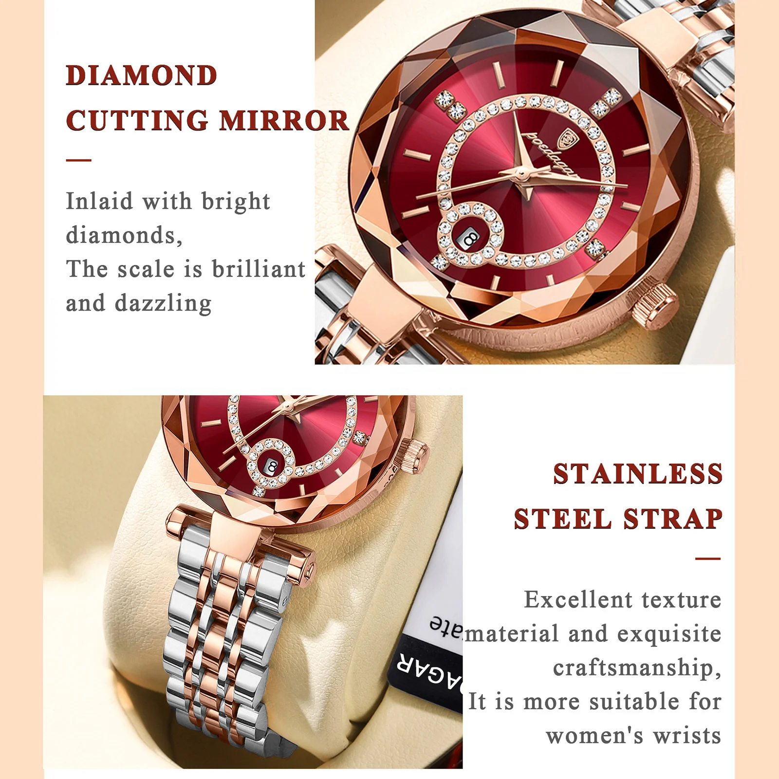 Reloj POEDAGAR de lujo para mujer, reloj de cuarzo con diamantes de alta calidad para mujer, relojes de acero inoxidable con fecha resistente al agua para mujer, reloj + caja