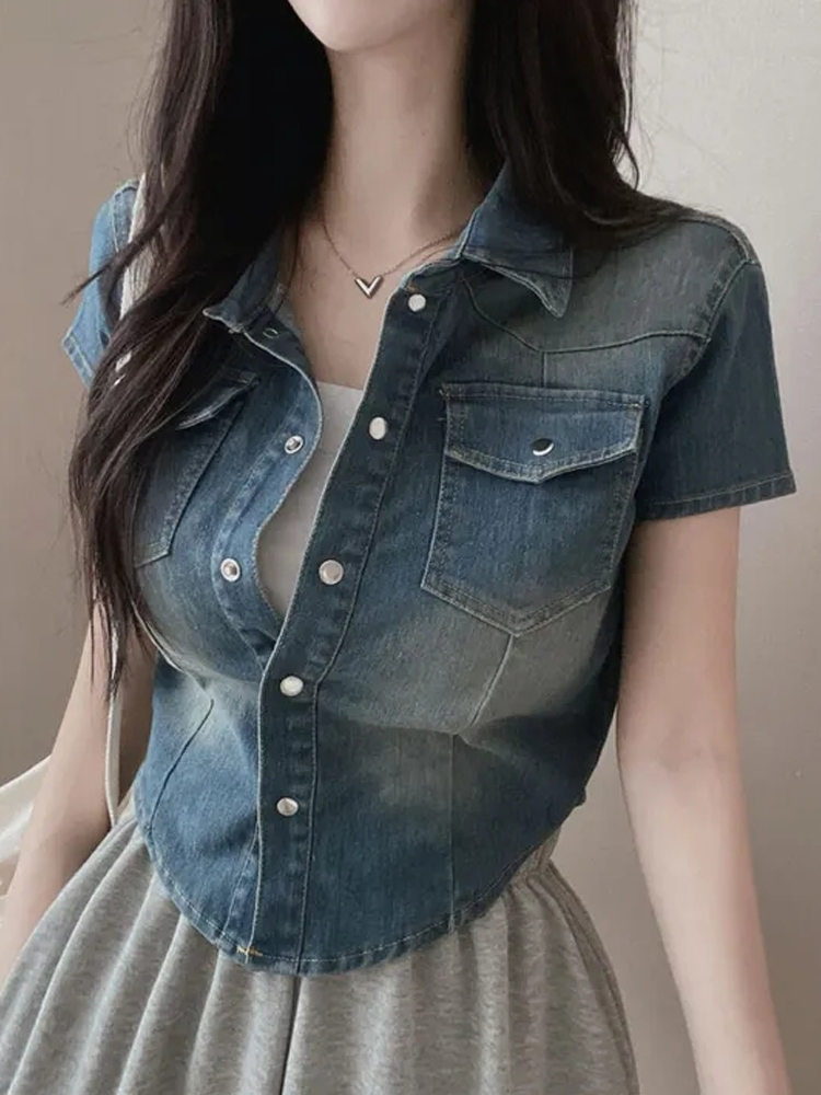 Slim Fit Short Sleeve Polo Collar Denim Shirt Jacket Women's Thin Summer Vintage Turn Collar Single Button Short Length Small...
