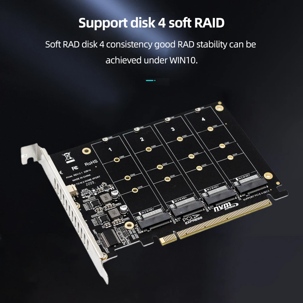 4พอร์ต M.2 NVMe SSD TO PCIe อะแดปเตอร์แปลง X16การ์ดสนับสนุน2230/2242/2260/2280โฮสต์ตัวควบคุมการขยายตัวการ์ดไฟแสดงสถานะ LED